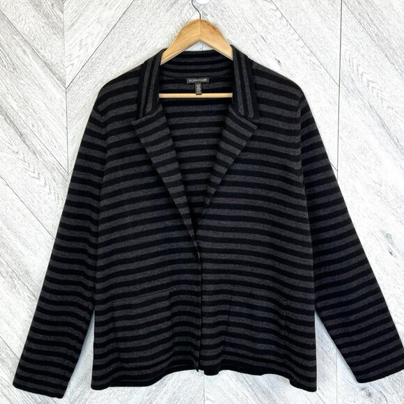 Eileen Fisher Blazer Cardigan Sweater Jacket Womens XL Black Striped Merino Wool - Picture 1 of 5